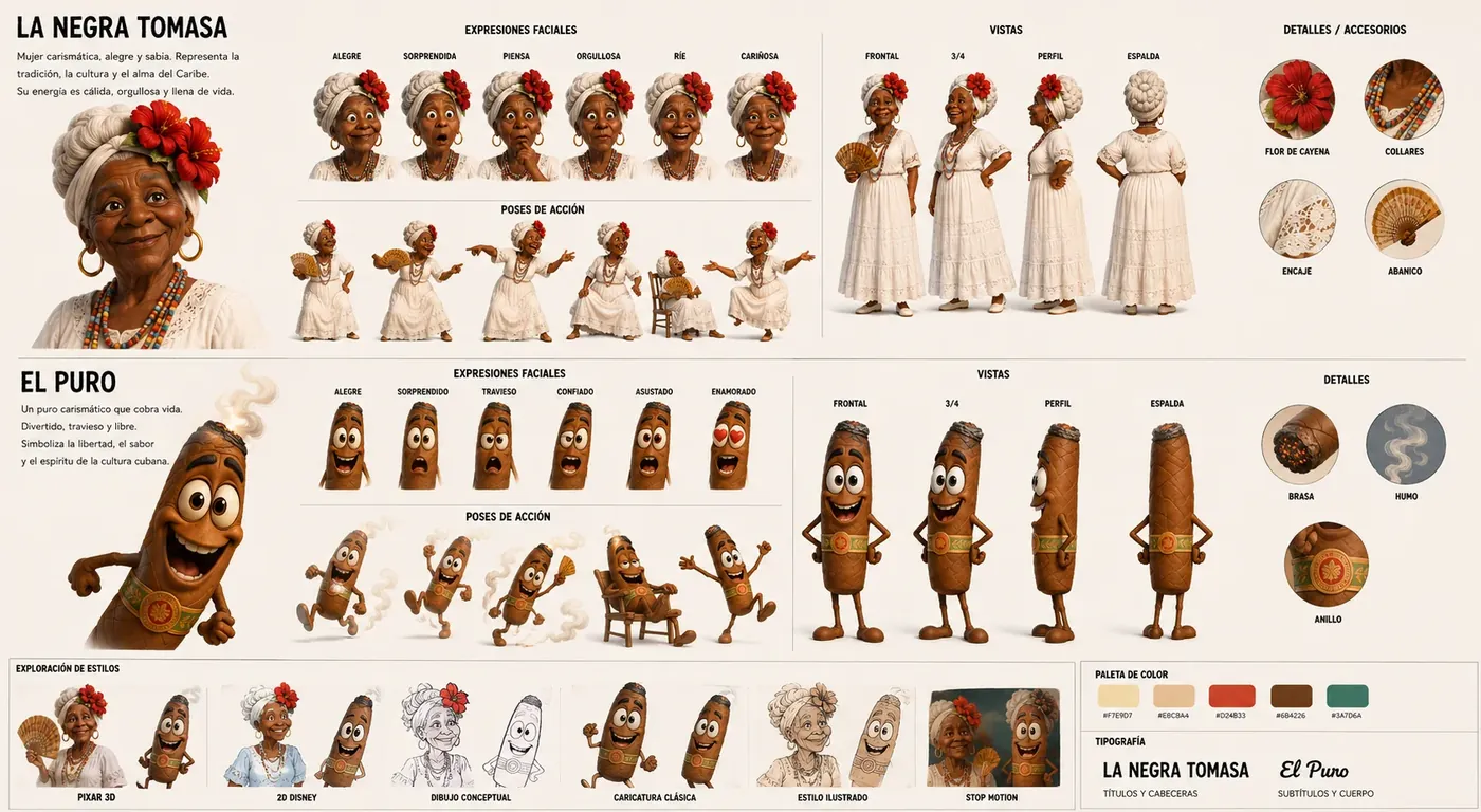 Tomasa y El Puro en ilustración: expresiones y poses del personaje